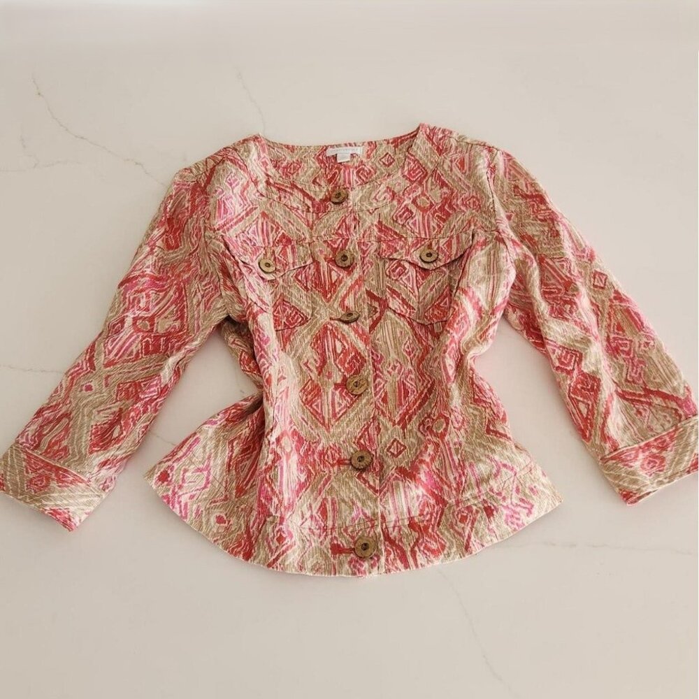 100% Linen Charter Club Sz M Women Button Jacket Shacket Pink Tan AOP Geometric